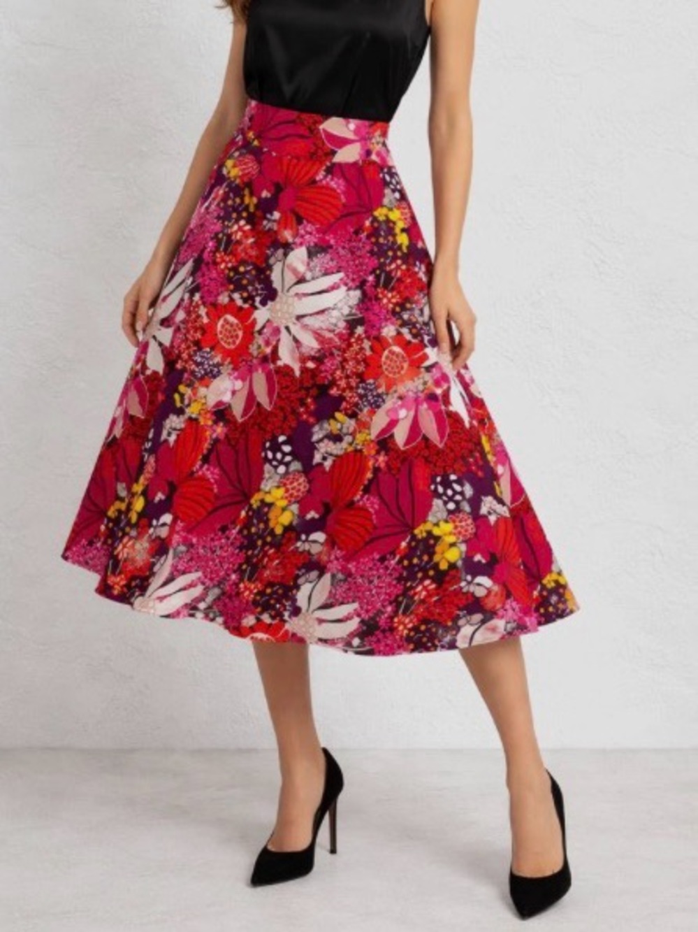 Floral A-Line Midi Skirt in Fuchsia Pink